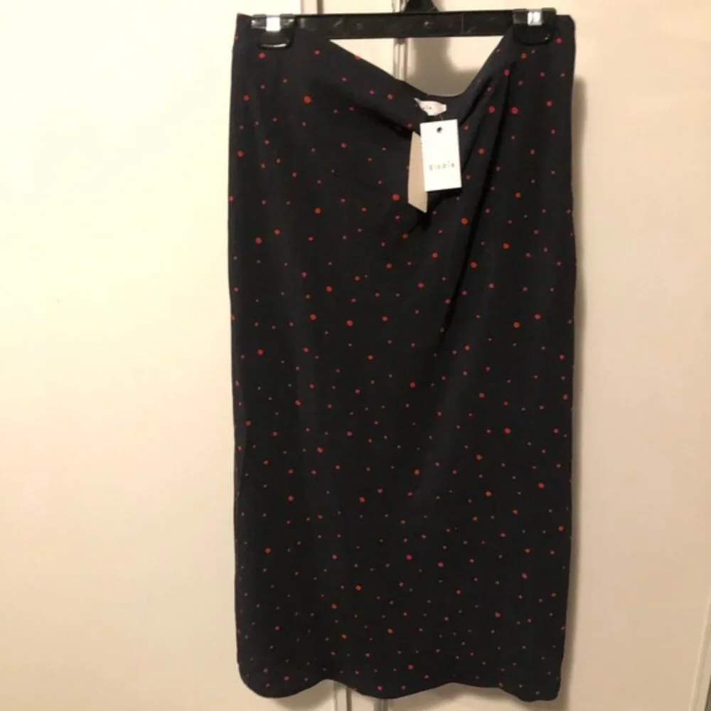 New Anthropologie Elodie Skirt A-line Midi Length Navy Blue with Red Polka Dots - Picture 7 of 8